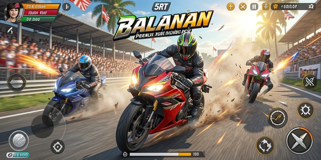 Screenshot utama 5RT menampilkan balapan motor yang menegangkan.