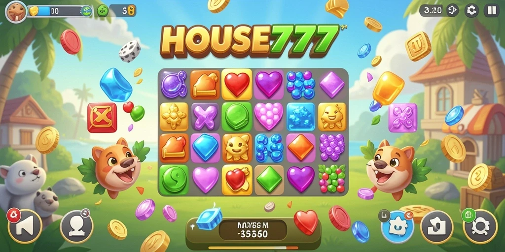 Screenshot utama HOUSE777 yang menampilkan gameplay Match-3 yang seru.