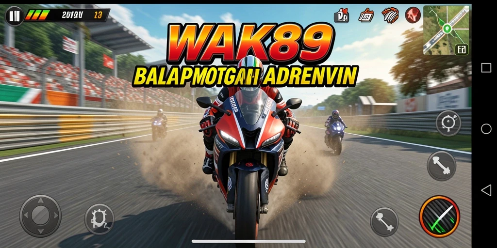 Screenshot gameplay WAK89 yang menggambarkan aksi balap motor yang mendebarkan.